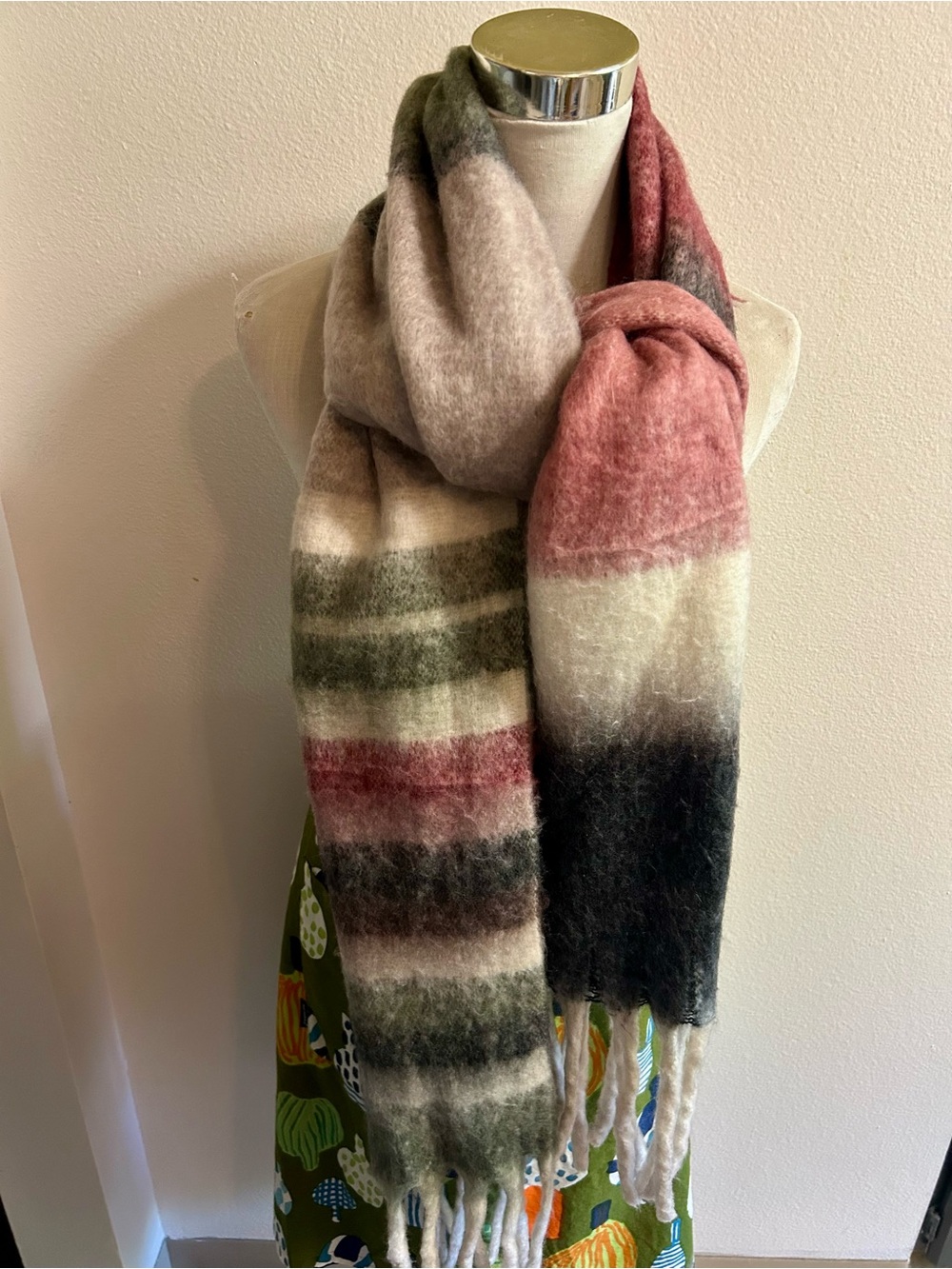 Striped Fringe Wrap Thick Scarf in Pink, Gray & Cream
